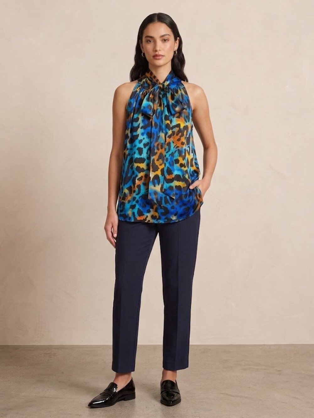 Silk Tie-Neck Sleeveless Blouse in Blue Multi